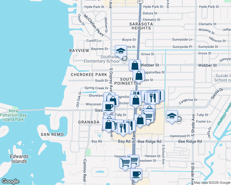 map of restaurants, bars, coffee shops, grocery stores, and more near 1825 Magnolia Street in Sarasota