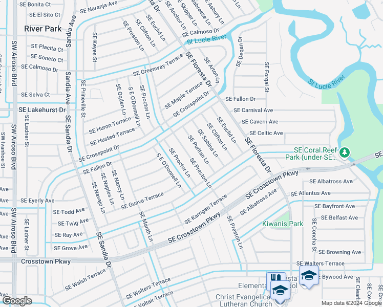 map of restaurants, bars, coffee shops, grocery stores, and more near 1147 Southeast Preston Lane in Port St. Lucie