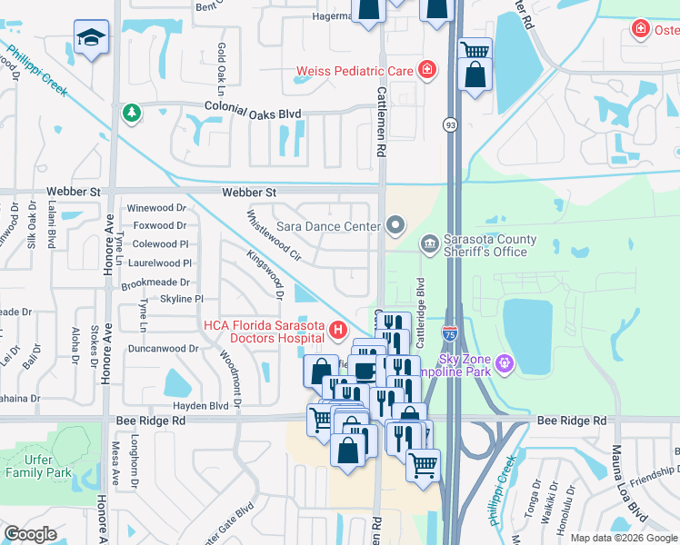 map of restaurants, bars, coffee shops, grocery stores, and more near 2888 Indianwood Drive in Sarasota