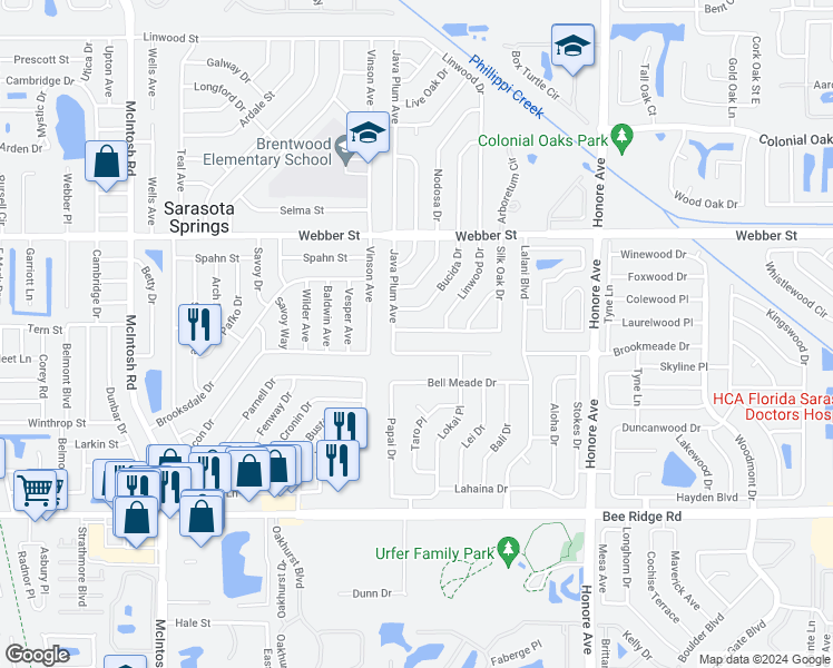 map of restaurants, bars, coffee shops, grocery stores, and more near 4920 Silk Oak Drive in Sarasota