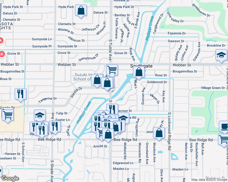 map of restaurants, bars, coffee shops, grocery stores, and more near 3205 Southgate Circle in Sarasota
