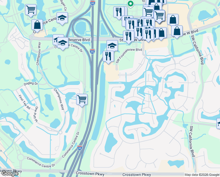 map of restaurants, bars, coffee shops, grocery stores, and more near 658 Southwest Treasure Cove in Port Saint Lucie
