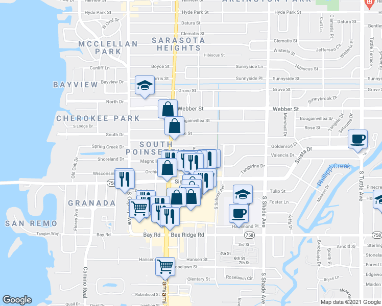 map of restaurants, bars, coffee shops, grocery stores, and more near 2080 Magnolia Street in Sarasota