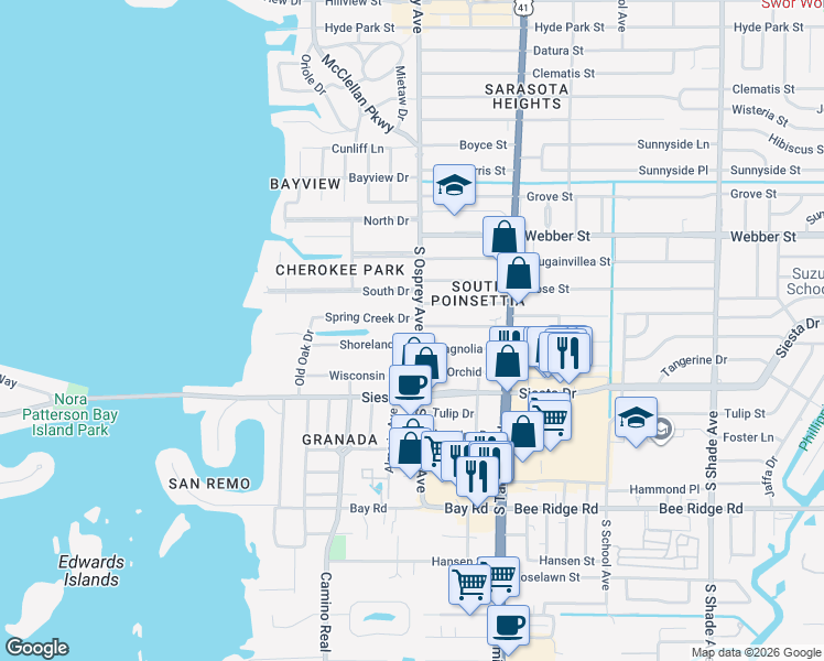 map of restaurants, bars, coffee shops, grocery stores, and more near 1766 Shoreland Drive in Sarasota