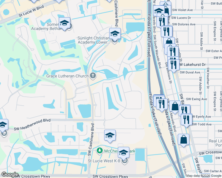 map of restaurants, bars, coffee shops, grocery stores, and more near 450 Southwest Talquin Lane in Port St. Lucie