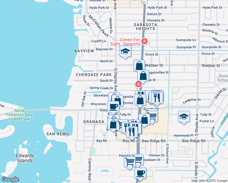 map of restaurants, bars, coffee shops, grocery stores, and more near 1766 Shoreland Drive in Sarasota