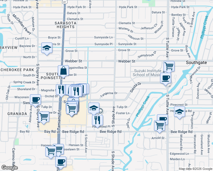 map of restaurants, bars, coffee shops, grocery stores, and more near 2313 Valencia Drive in Sarasota