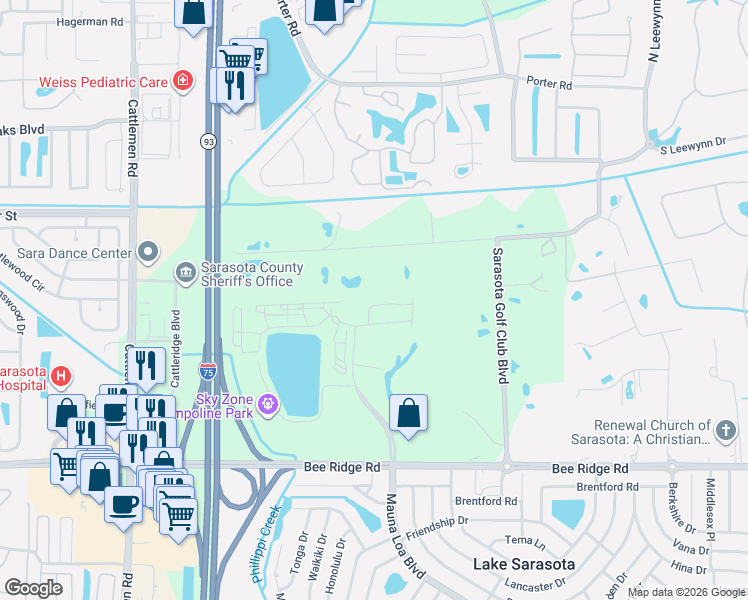 map of restaurants, bars, coffee shops, grocery stores, and more near 6416 Boxgrove Drive in Sarasota