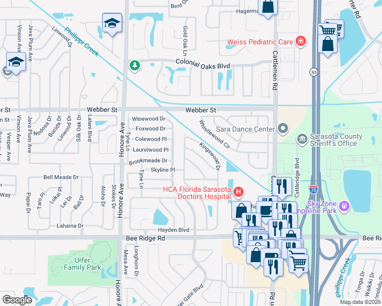 map of restaurants, bars, coffee shops, grocery stores, and more near 5508 Rollingwood Drive in Sarasota