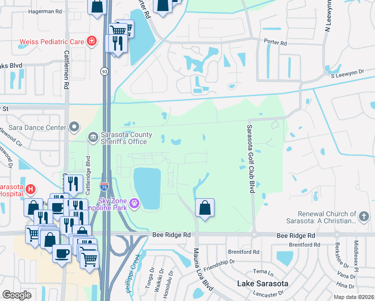 map of restaurants, bars, coffee shops, grocery stores, and more near 6416 Boxgrove Drive in Sarasota