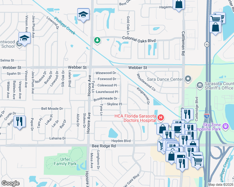 map of restaurants, bars, coffee shops, grocery stores, and more near 5422 Laurelwood Place in Sarasota