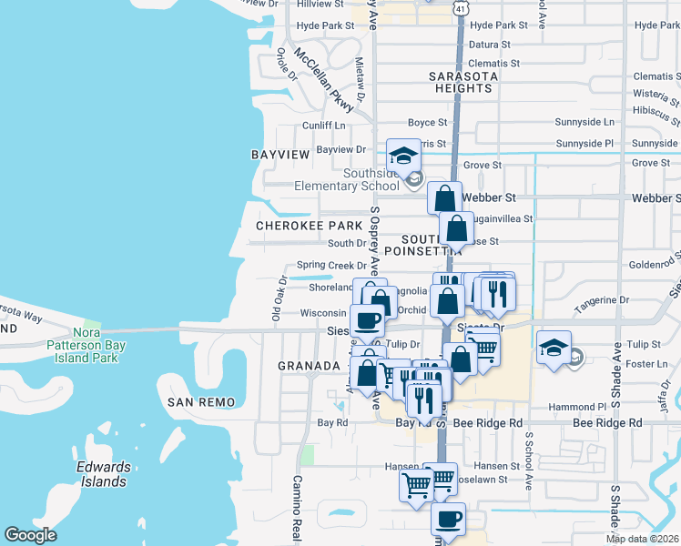 map of restaurants, bars, coffee shops, grocery stores, and more near 1712 Shoreland Drive in Sarasota