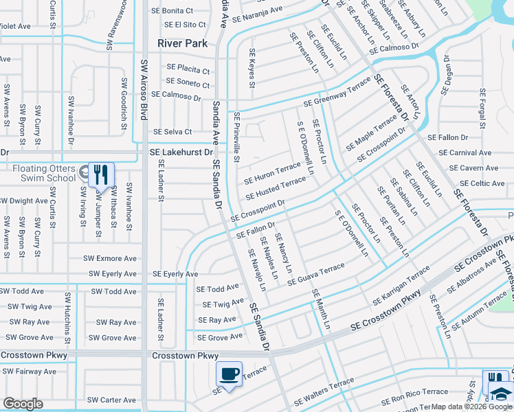 map of restaurants, bars, coffee shops, grocery stores, and more near 306 Southeast Crosspoint Drive in Port St. Lucie