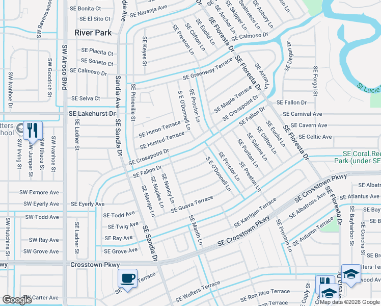 map of restaurants, bars, coffee shops, grocery stores, and more near 457 Southeast Jupiter Terrace in Port St. Lucie