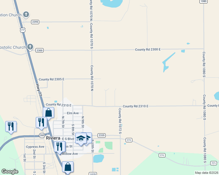 map of restaurants, bars, coffee shops, grocery stores, and more near 306 County Road 2305 in Riviera