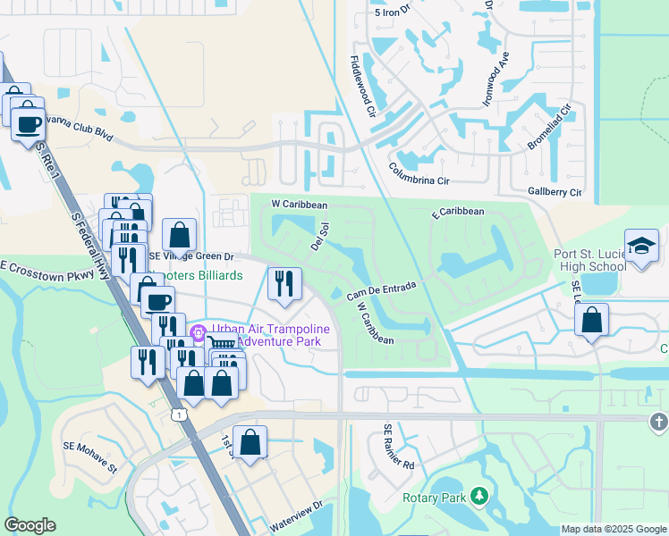 map of restaurants, bars, coffee shops, grocery stores, and more near 7 Del Sol in Port St. Lucie