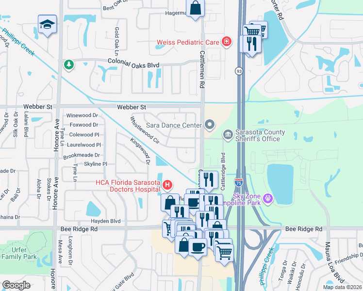 map of restaurants, bars, coffee shops, grocery stores, and more near 5849 Countrywood Drive in Sarasota