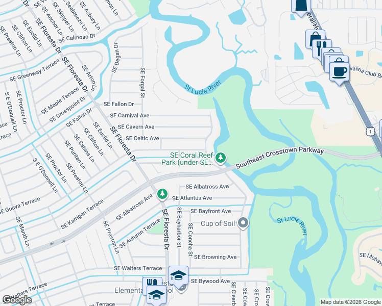 map of restaurants, bars, coffee shops, grocery stores, and more near 844 Southeast Evergreen Terrace in Port St. Lucie