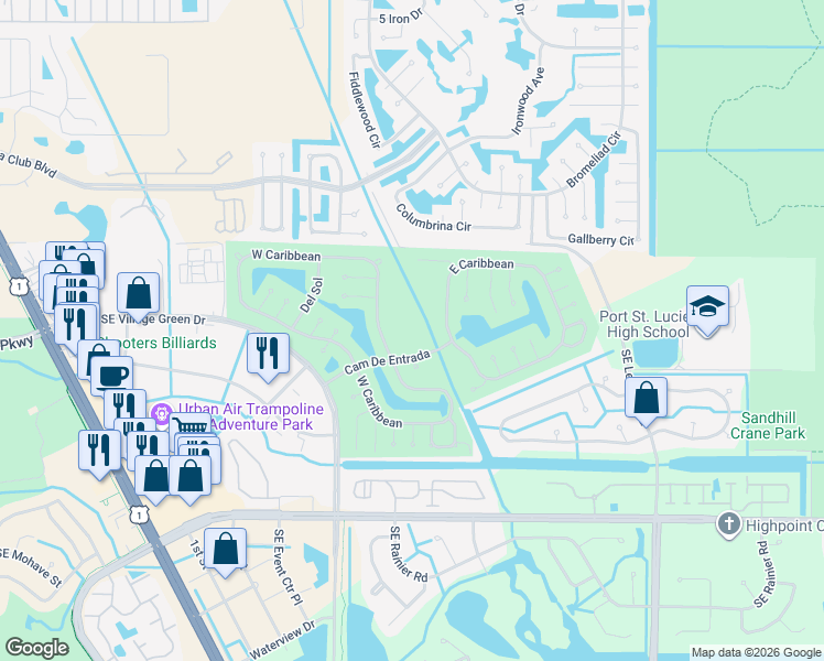 map of restaurants, bars, coffee shops, grocery stores, and more near 19 Nuevo Leon Road in Port St. Lucie