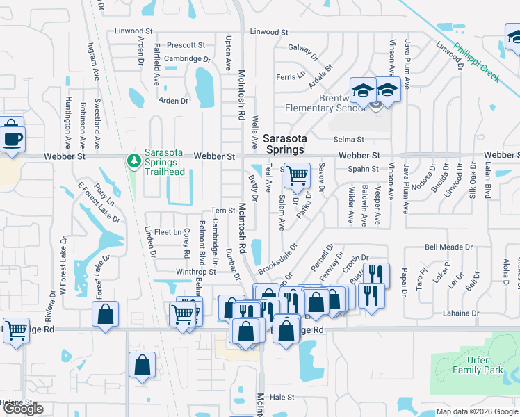 map of restaurants, bars, coffee shops, grocery stores, and more near 3101 Teal Avenue in Sarasota