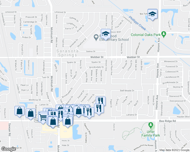 map of restaurants, bars, coffee shops, grocery stores, and more near 3019 Baldwin Avenue in Sarasota