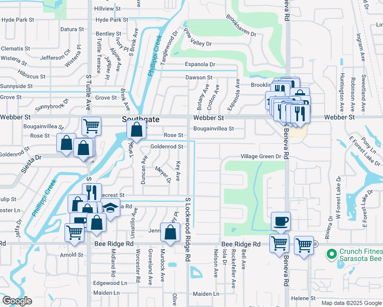 map of restaurants, bars, coffee shops, grocery stores, and more near 3217 South Lockwood Ridge Road in Sarasota