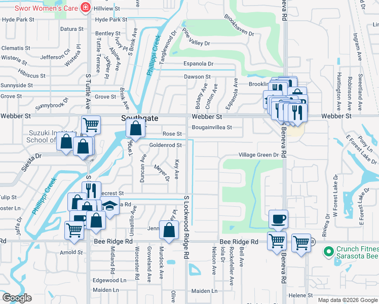 map of restaurants, bars, coffee shops, grocery stores, and more near 3217 South Lockwood Ridge Road in Sarasota
