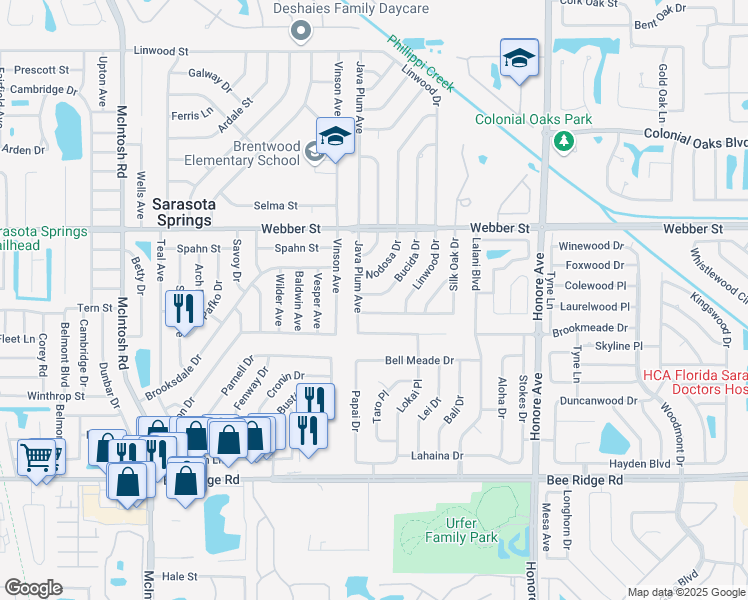 map of restaurants, bars, coffee shops, grocery stores, and more near 3032 Bucida Drive in Sarasota