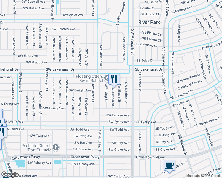 map of restaurants, bars, coffee shops, grocery stores, and more near 1126 Southwest Irving Street in Port St. Lucie