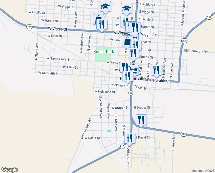 map of restaurants, bars, coffee shops, grocery stores, and more near 112 South Rigma Avenue in Hebbronville
