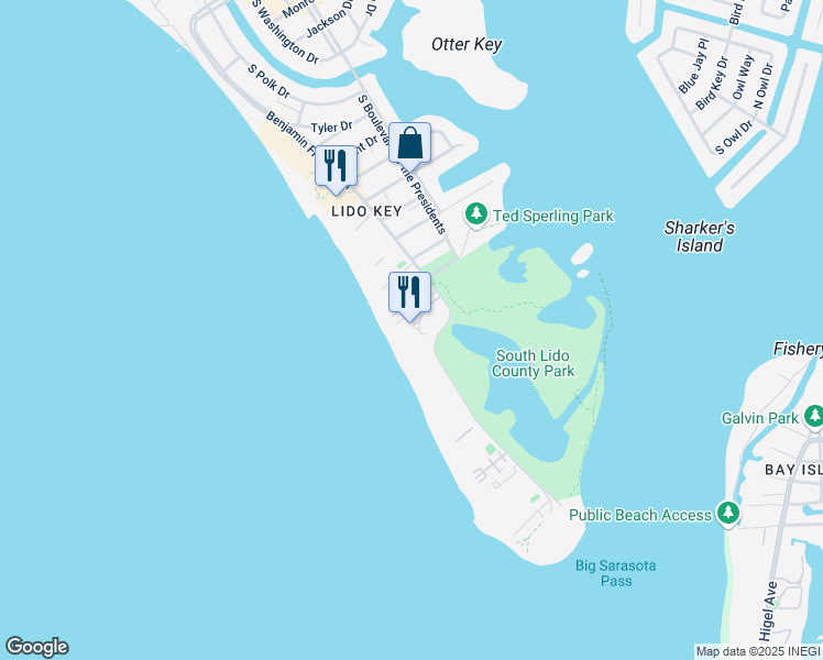 map of restaurants, bars, coffee shops, grocery stores, and more near 1234 Benjamin Franklin Drive in Sarasota