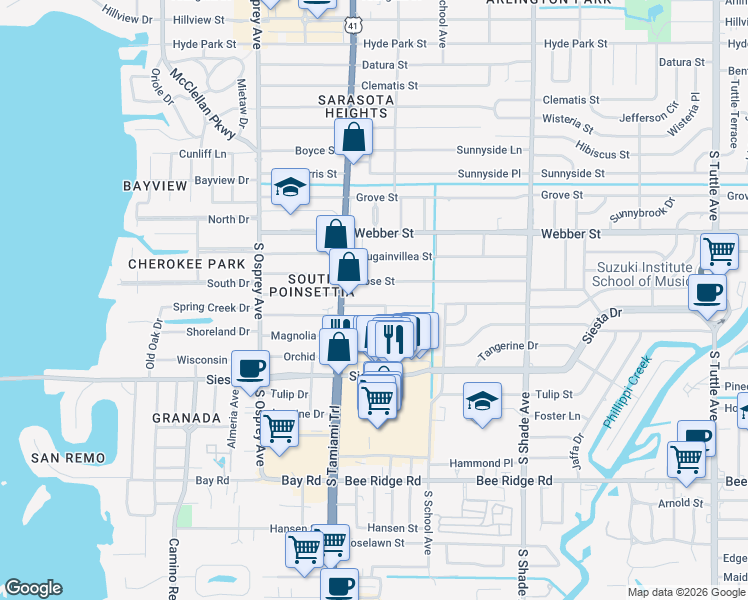 map of restaurants, bars, coffee shops, grocery stores, and more near 2074 Rose Street in Sarasota