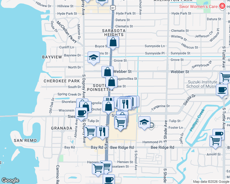 map of restaurants, bars, coffee shops, grocery stores, and more near 2035 Goldenrod Street in Sarasota