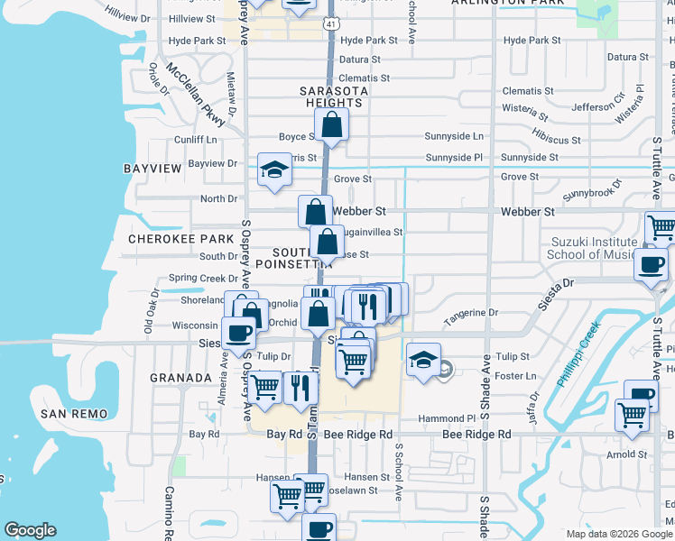 map of restaurants, bars, coffee shops, grocery stores, and more near 3003 South Tamiami Trail in Sarasota