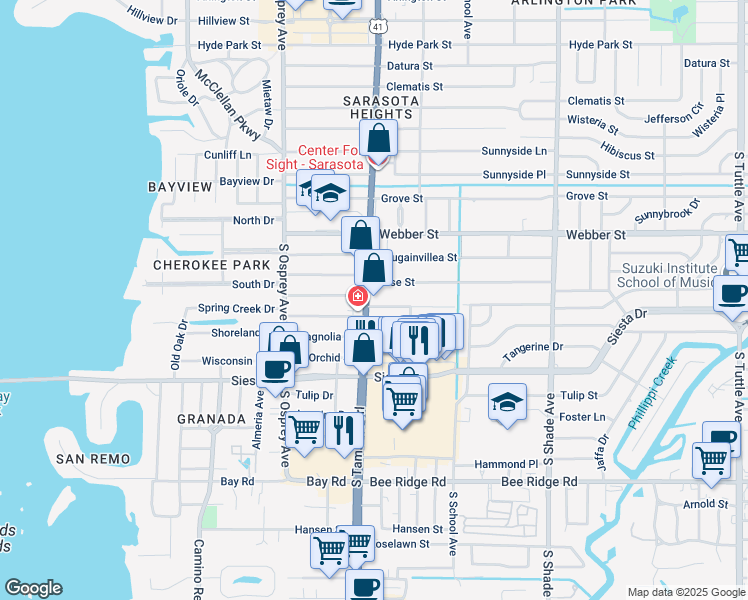 map of restaurants, bars, coffee shops, grocery stores, and more near 3003 South Tamiami Trail in Sarasota