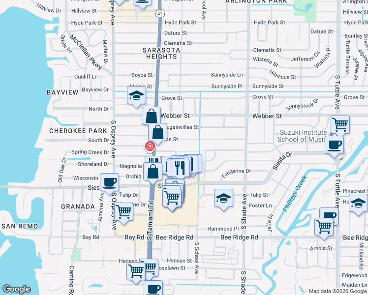 map of restaurants, bars, coffee shops, grocery stores, and more near 2154 Rose Street in Sarasota
