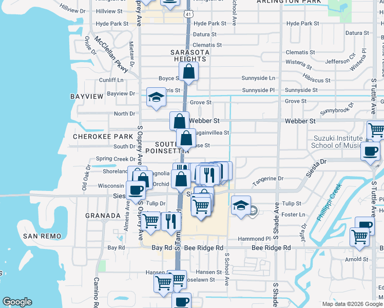 map of restaurants, bars, coffee shops, grocery stores, and more near 3003 South Tamiami Trail in Sarasota