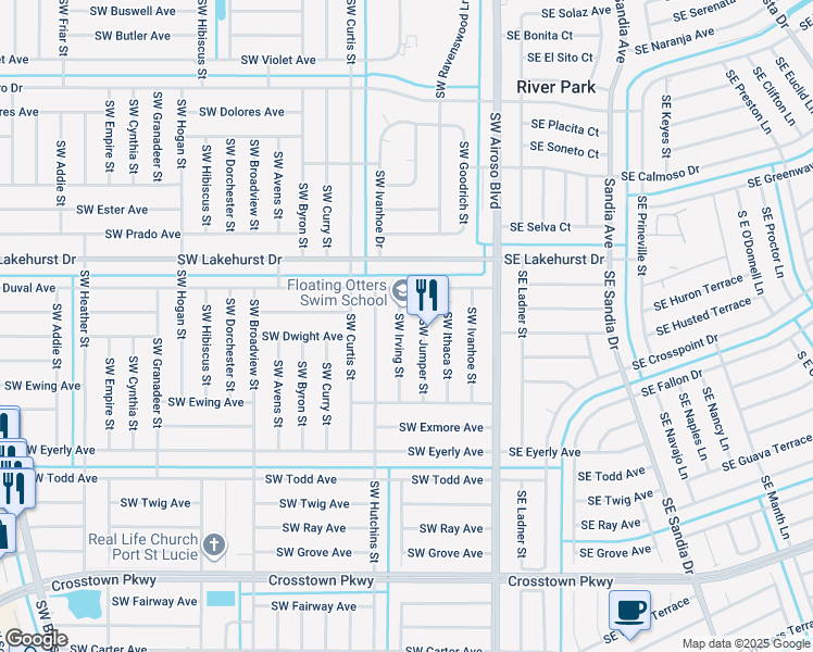 map of restaurants, bars, coffee shops, grocery stores, and more near 1126 Southwest Irving Street in Port St. Lucie