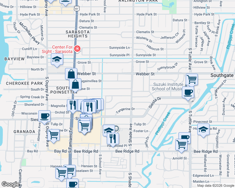 map of restaurants, bars, coffee shops, grocery stores, and more near 2303 Goldenrod Street in Sarasota