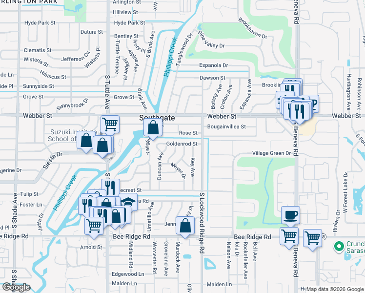 map of restaurants, bars, coffee shops, grocery stores, and more near 3090 Goldenrod Street in Sarasota