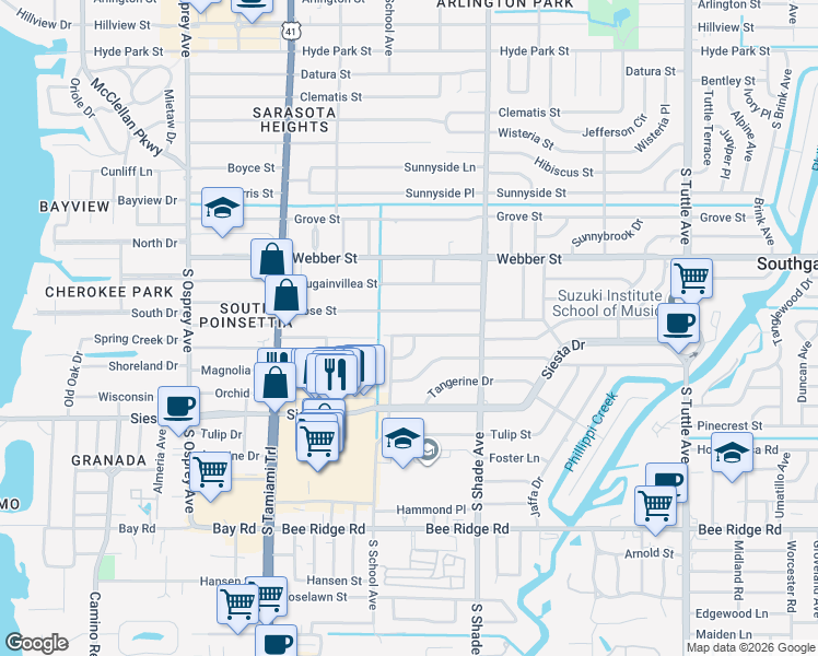 map of restaurants, bars, coffee shops, grocery stores, and more near 2232 Rose Street in Sarasota