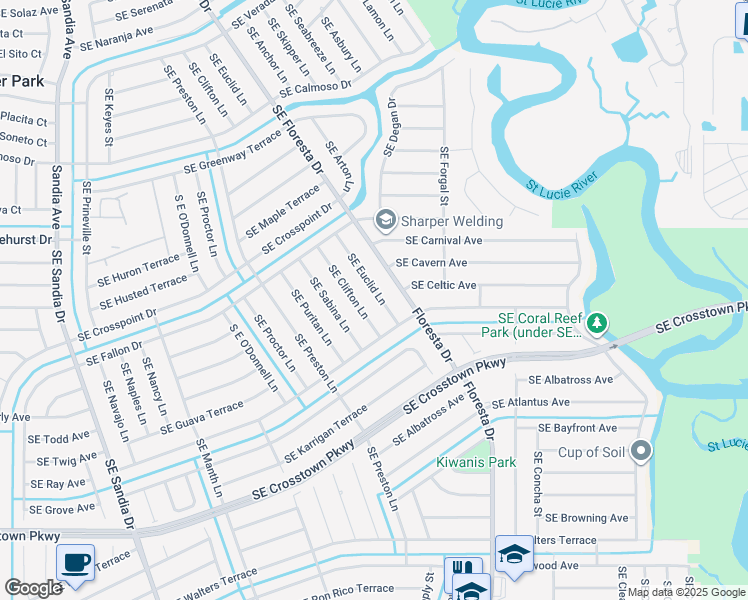 map of restaurants, bars, coffee shops, grocery stores, and more near 1055 Southeast Euclid Lane in Port St. Lucie