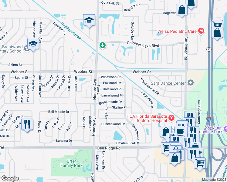 map of restaurants, bars, coffee shops, grocery stores, and more near 5348 Colewood Place in Sarasota
