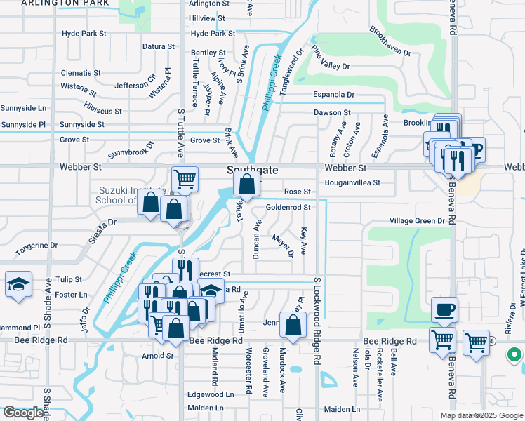 map of restaurants, bars, coffee shops, grocery stores, and more near 3024 Goldenrod Street in Sarasota