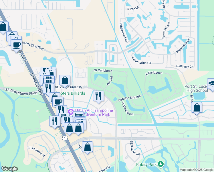 map of restaurants, bars, coffee shops, grocery stores, and more near 7 Del Sol in Port St. Lucie