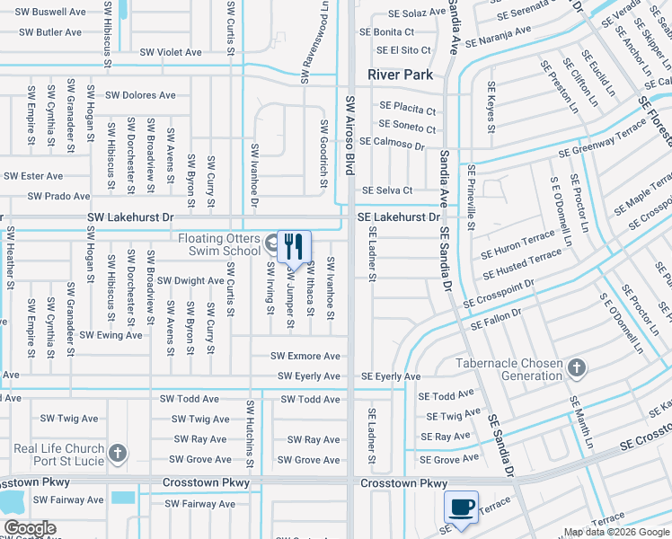 map of restaurants, bars, coffee shops, grocery stores, and more near 1133 Southwest Ivanhoe Street in Port St. Lucie