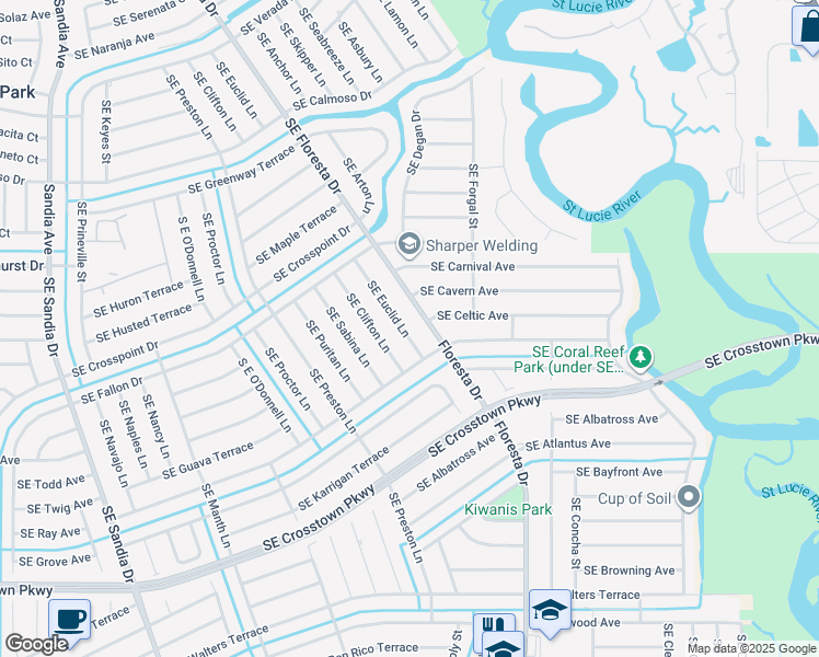 map of restaurants, bars, coffee shops, grocery stores, and more near 1055 Southeast Euclid Lane in Port St. Lucie