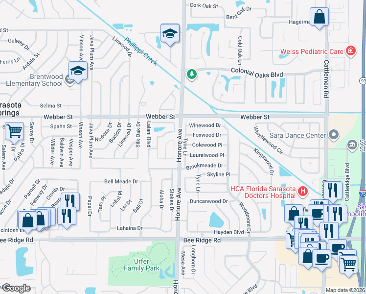 map of restaurants, bars, coffee shops, grocery stores, and more near 3250 Tyne Lane in Sarasota