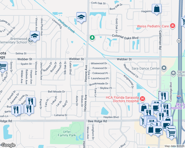map of restaurants, bars, coffee shops, grocery stores, and more near 5326 Colewood Place in Sarasota