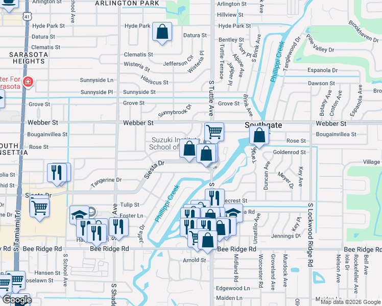 map of restaurants, bars, coffee shops, grocery stores, and more near 2706 Goldenrod Street in Sarasota